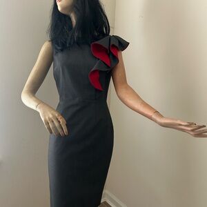 Calvin Klein One Shoulder Gray Dress with Red Ruffle